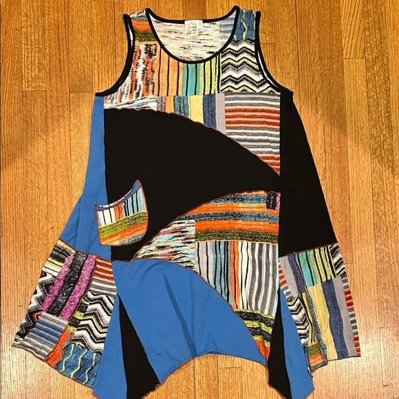 Sleeveless Patchwork Print Handkerchief Hem Dress - Blue & Black Size Large - Picture 10 of 14